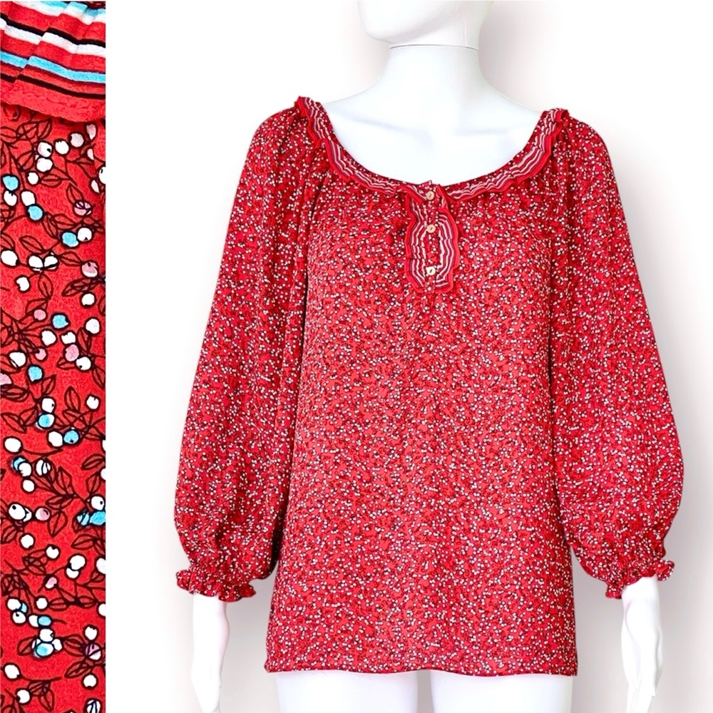 MAX STUDIO Georgette Ruffle Blouse Floral Print Split Neck 3/4 Sleeve Buttons
